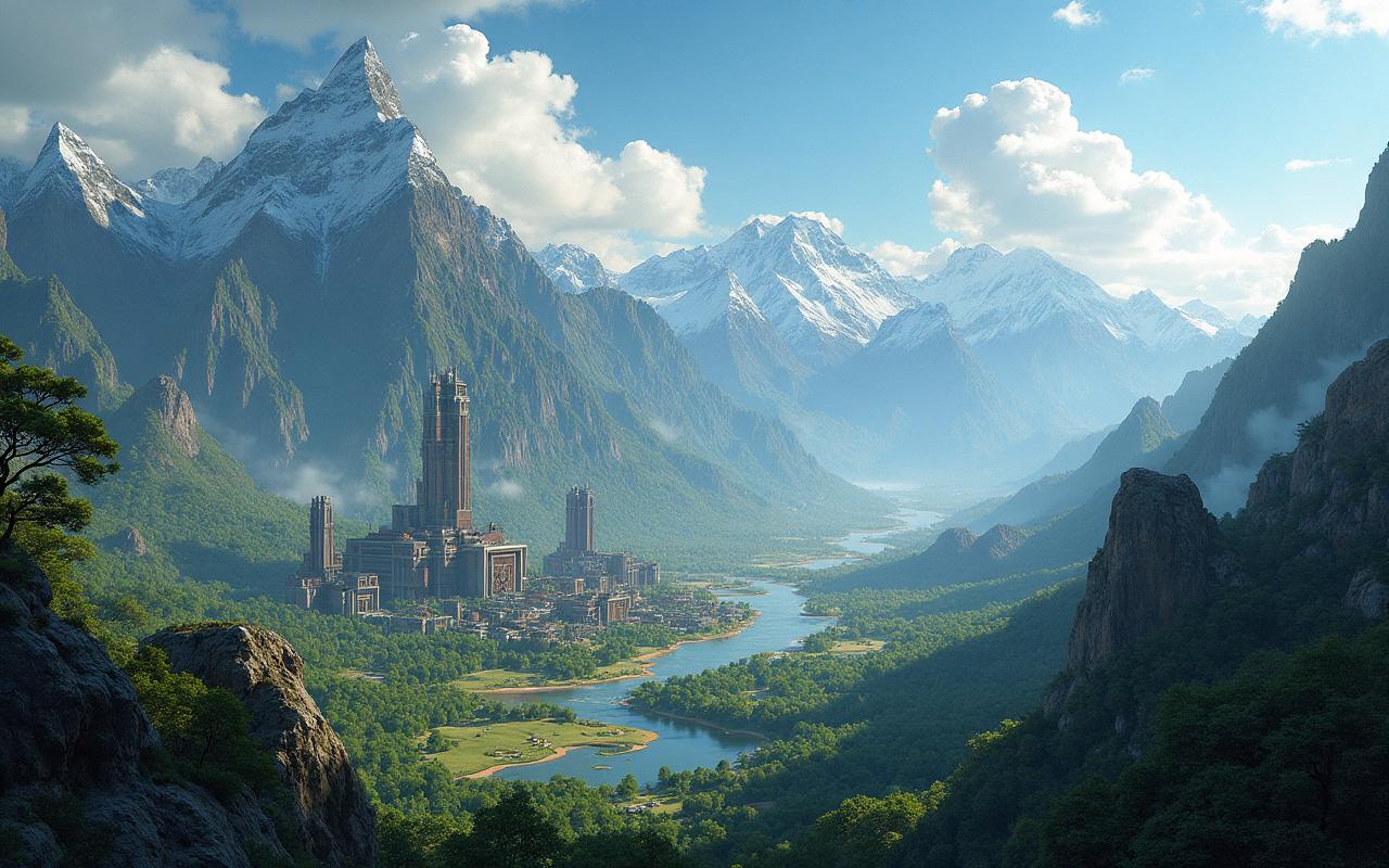 Vista panorâmica do mundo de Solaris-3 com cidades reconstruídas e natureza exuberante