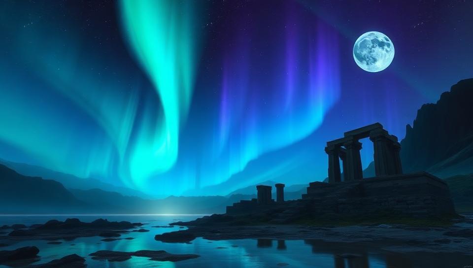 Paisagem noturna com aurora boreal sobre ruínas antigas