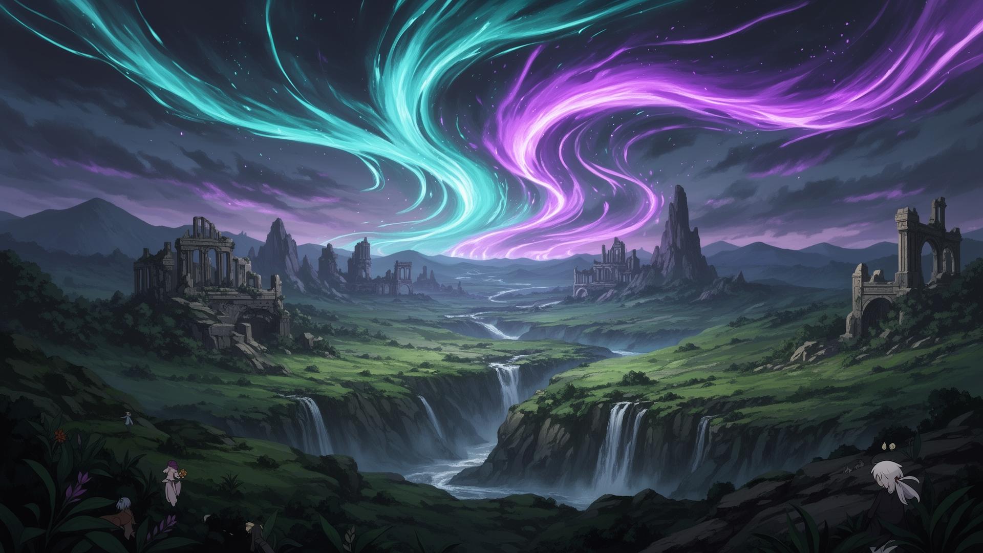 Paisagem épica do mundo de Wuthering Waves com montanhas e ruínas antigas